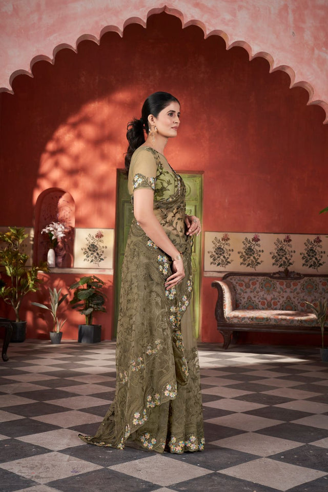 Mehendi Floral Embroidered Net Saree (ACB2509)