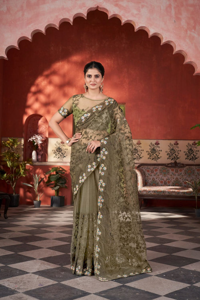 Mehendi Floral Embroidered Net Saree (ACB2509)