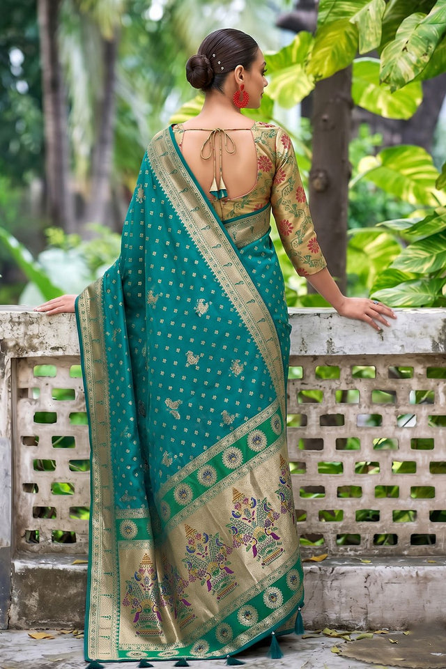 Turquoise Floral Woven Silk Saree (ACB2511)