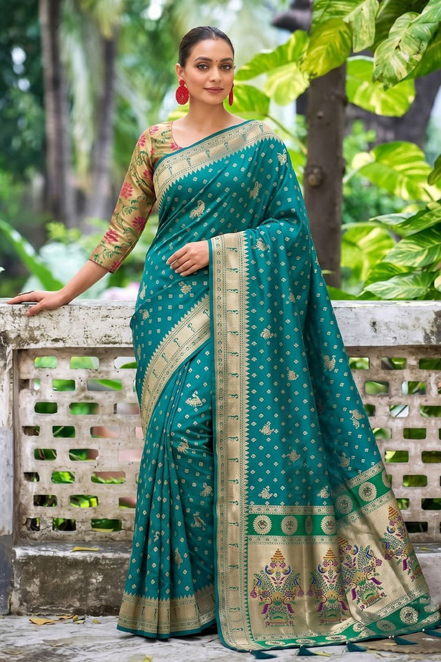 Turquoise Floral Woven Silk Saree (ACB2511)