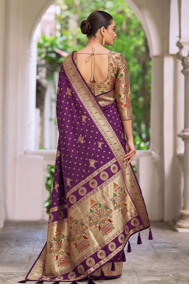 Wine Floral Woven Silk Saree (ACB2512)