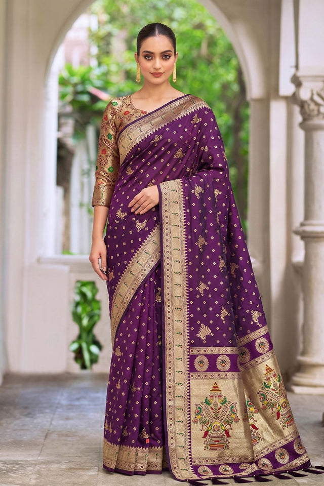 Wine Floral Woven Silk Saree (ACB2512)