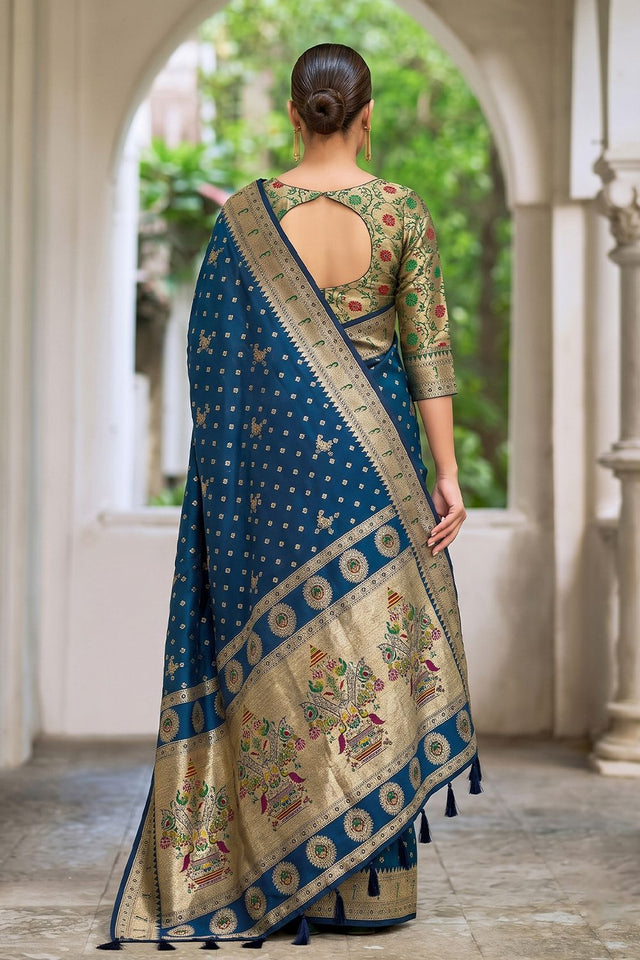 Blue Floral Woven Silk Saree (ACB2513)
