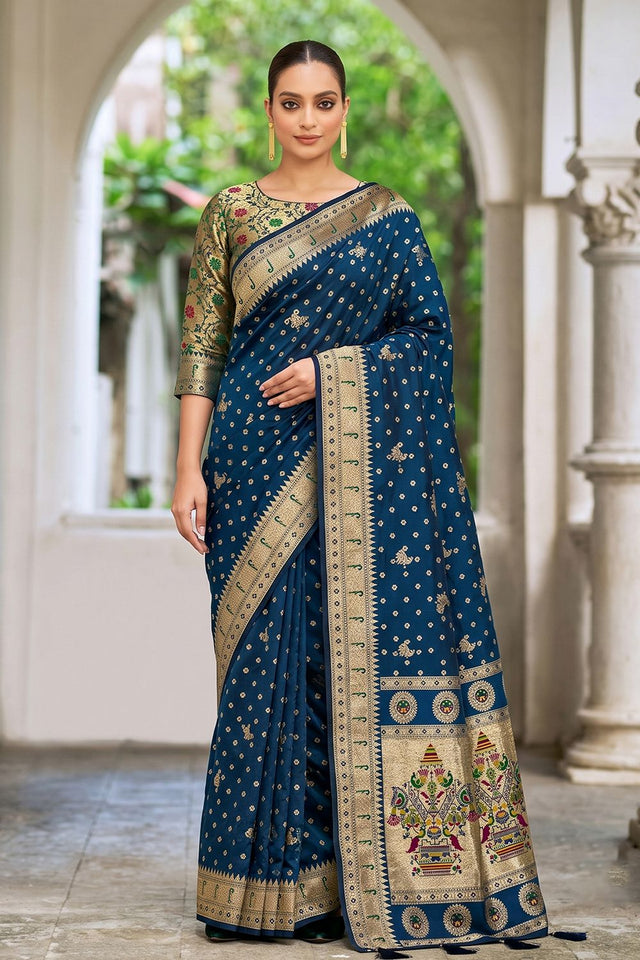 Blue Floral Woven Silk Saree (ACB2513)