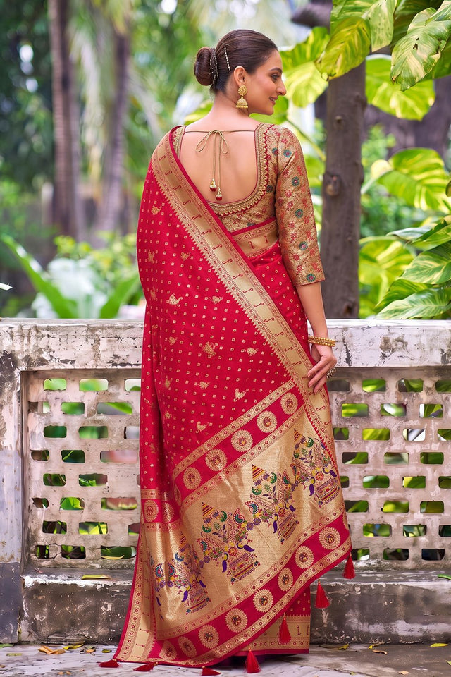 Red Floral Woven Silk Saree (ACB2514)