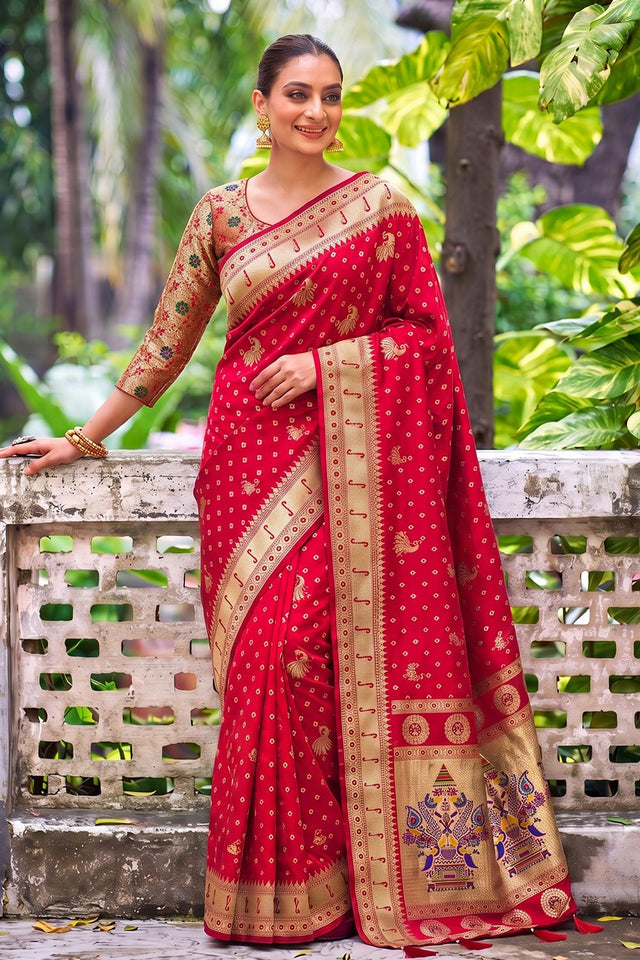 Red Floral Woven Silk Saree (ACB2514)
