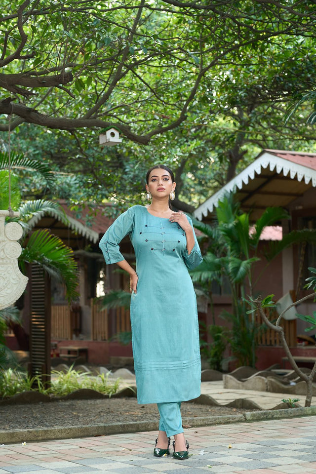 Turquoise Embroidered Silk Kurti Pant Set (ACB2518)