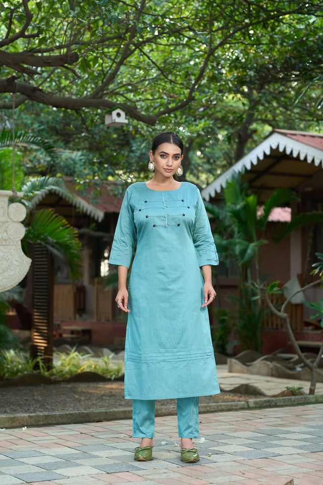 Turquoise Embroidered Silk Kurti Pant Set (ACB2518)