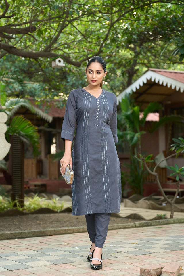 Grey Embroidered Silk Kurti Pant Set (ACB2519)