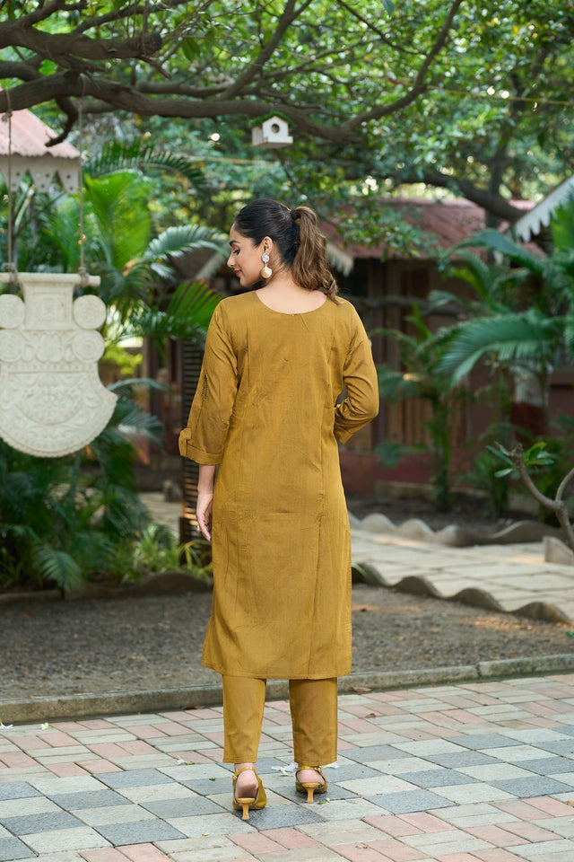 Mustard Embroidered Silk Kurti Pant Set (ACB2520)