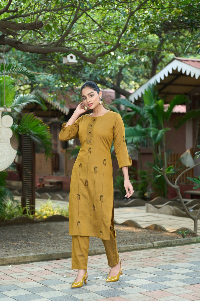 Mustard Embroidered Silk Kurti Pant Set (ACB2520)