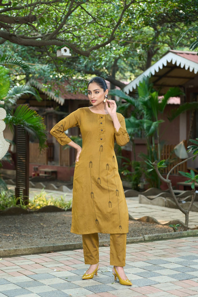 Mustard Embroidered Silk Kurti Pant Set (ACB2520)
