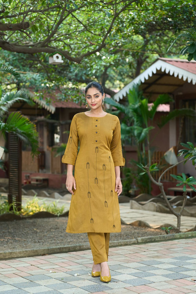 Mustard Embroidered Silk Kurti Pant Set (ACB2520)