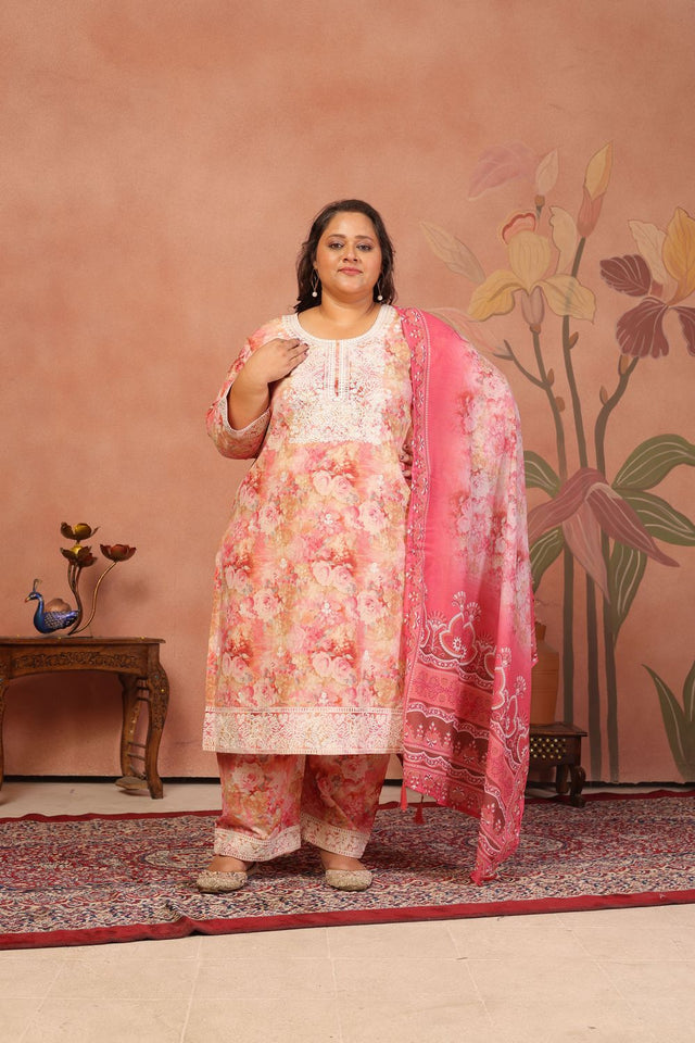 Pink Floral Printed Cotton Kurti Pant Set (ACB2522)