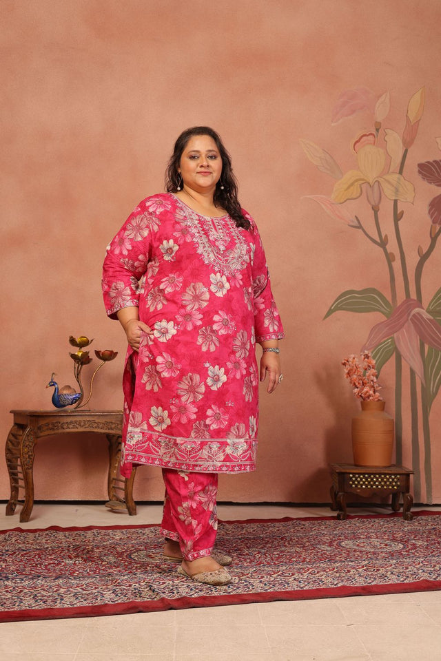 Pink Floral Printed Cotton Kurti Pant Set (ACB2523)
