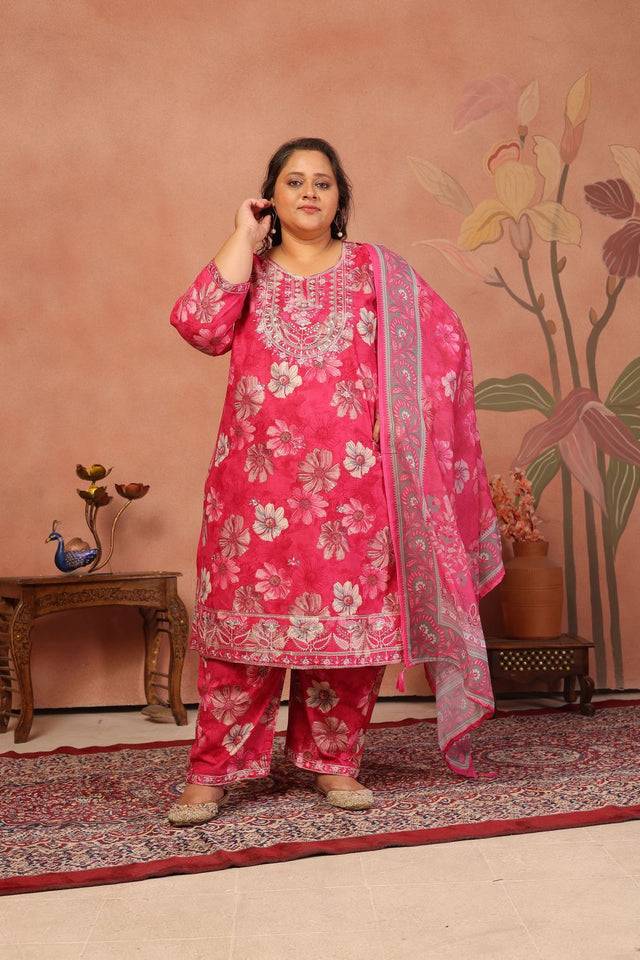 Pink Floral Printed Cotton Kurti Pant Set (ACB2523)