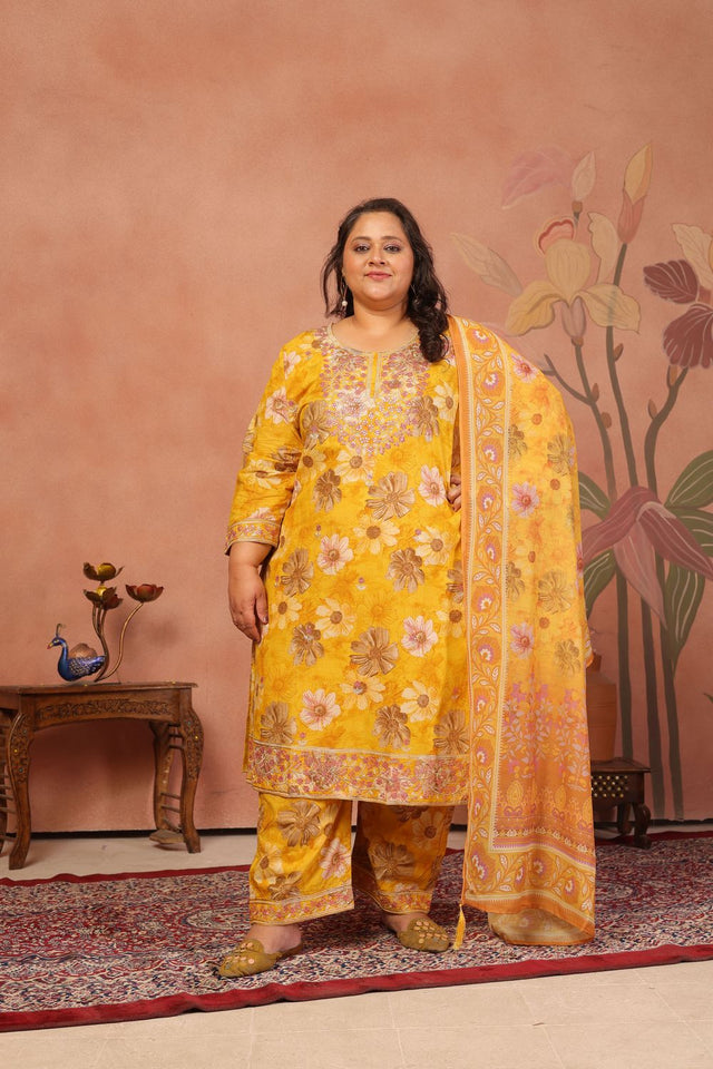 Mustard Floral Printed Cotton Kurti Pant Set (ACB2524)