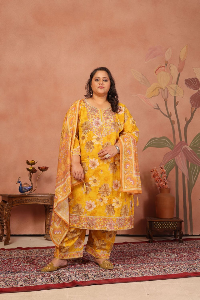 Mustard Floral Printed Cotton Kurti Pant Set (ACB2524)