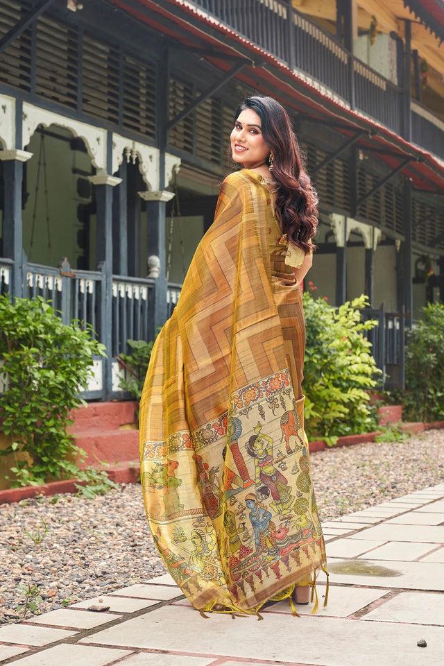 Gold Kalamkari Printed Silk Saree (ACB2525)
