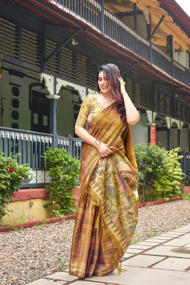 Gold Kalamkari Printed Silk Saree (ACB2525)