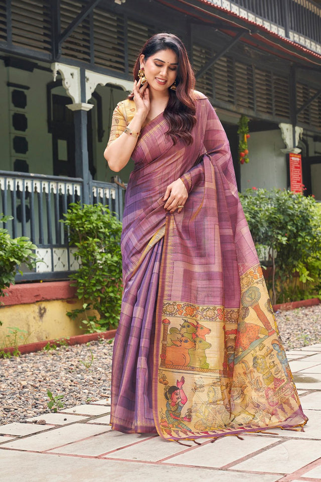 Purple Kalamkari Printed Silk Saree (ACB2526)