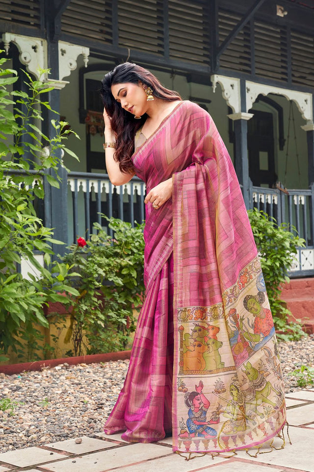 Pink Kalamkari Printed Silk Saree (ACB2527)