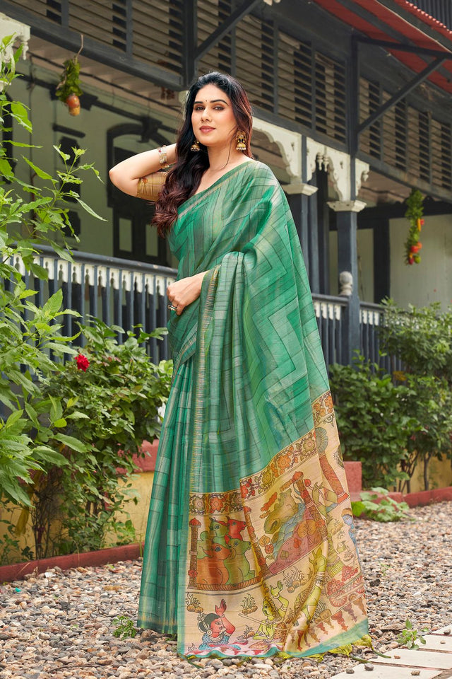 Sea-Green Kalamkari Printed Silk Saree (ACB2529)
