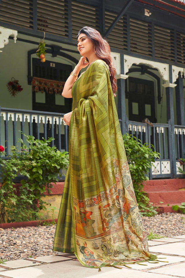 Mehendi Kalamkari Printed Silk Saree (ACB2530)