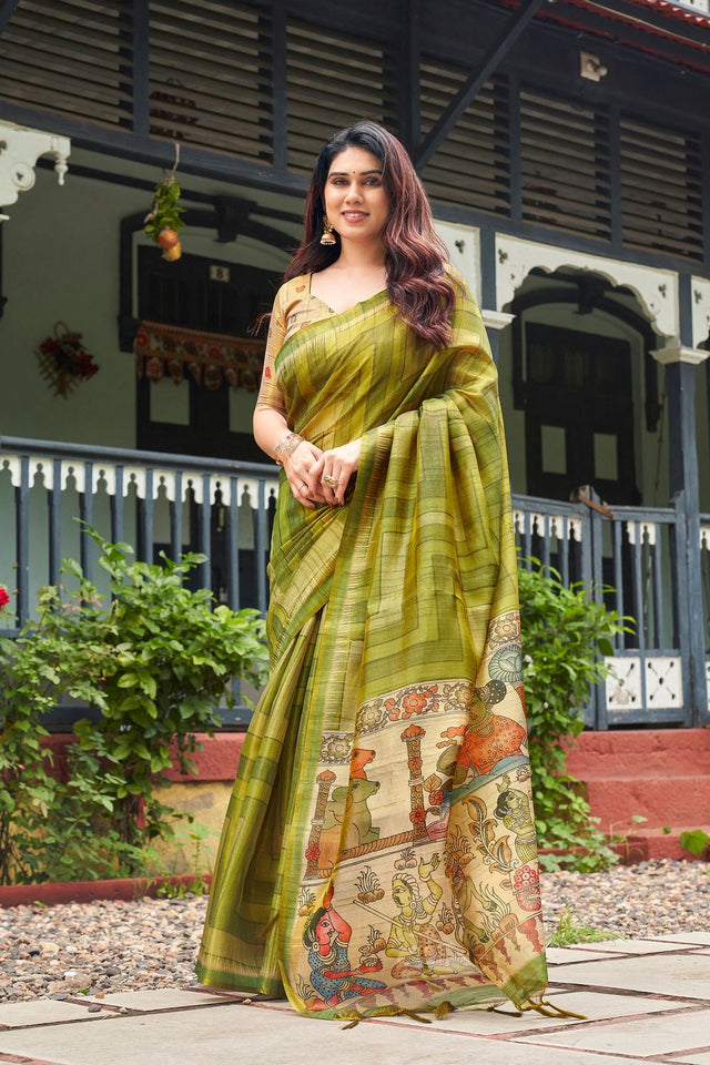Mehendi Kalamkari Printed Silk Saree (ACB2530)