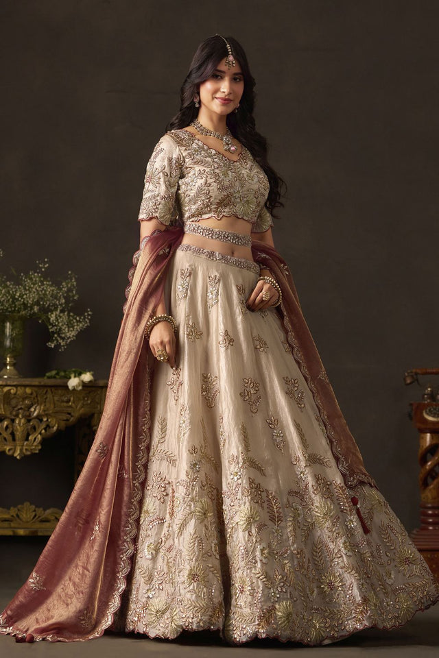 Beige Embroidered Silk Lehenga (ACB2532)