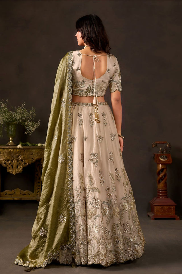 Beige Embroidered Silk Lehenga (ACB2533)
