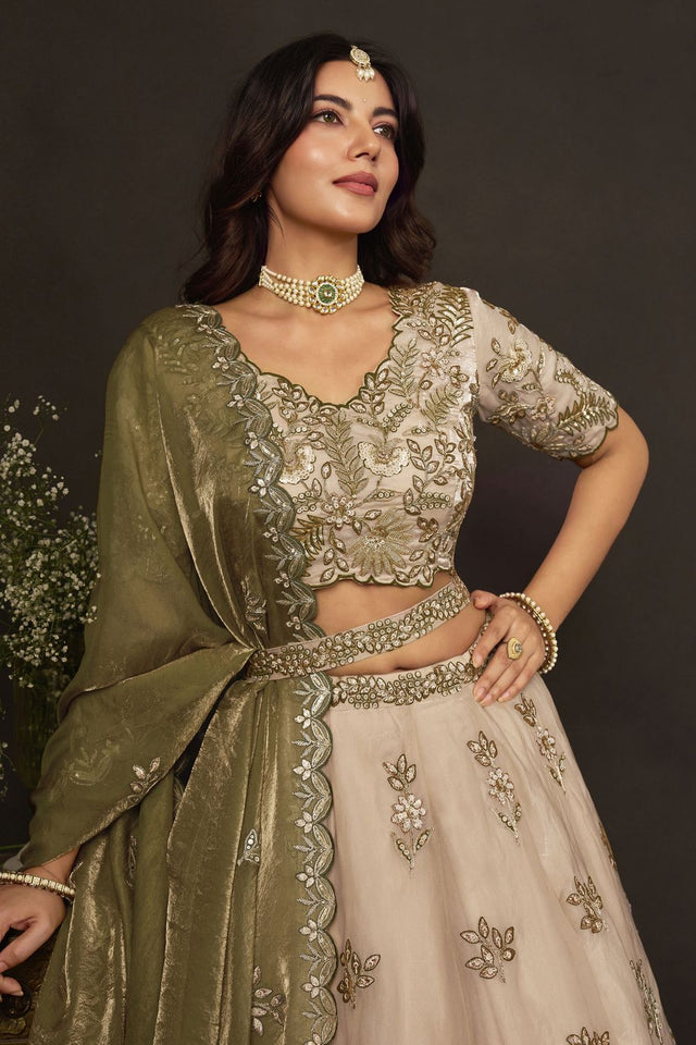 Beige Embroidered Silk Lehenga (ACB2533)