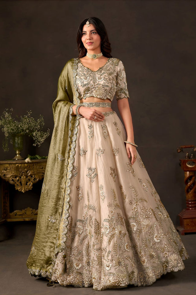 Beige Embroidered Silk Lehenga (ACB2533)