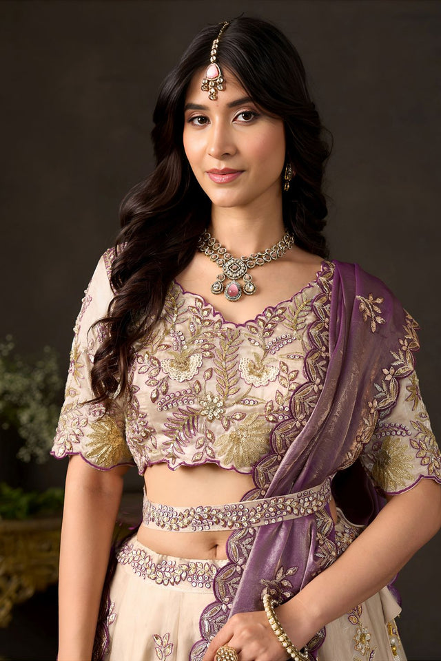 Beige Embroidered Silk Lehenga (ACB2534)