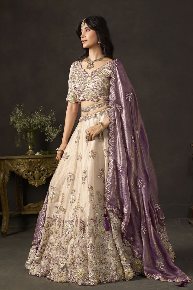 Beige Embroidered Silk Lehenga (ACB2534)