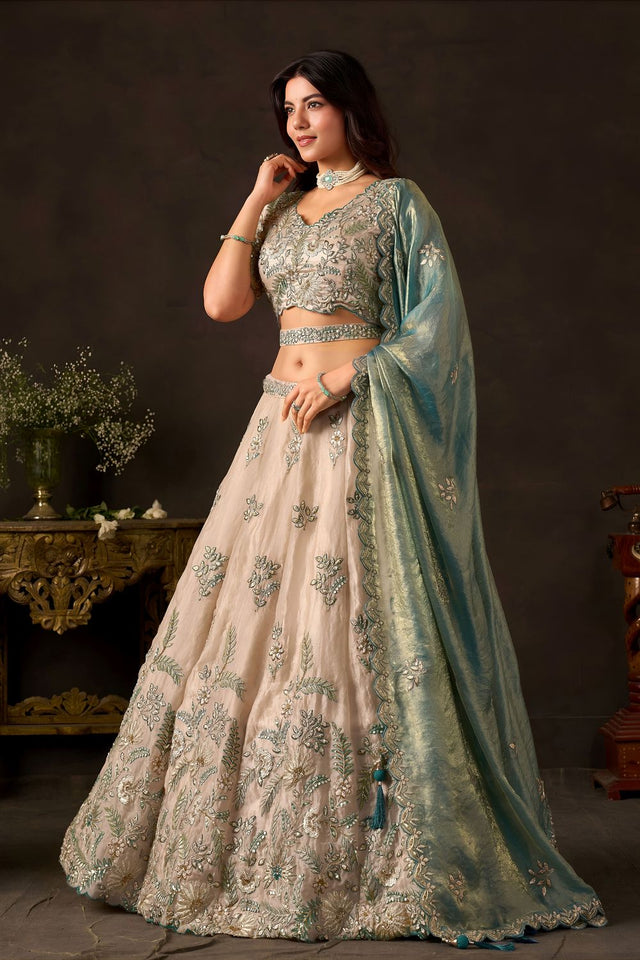 Beige Embroidered Silk Lehenga (ACB2535)