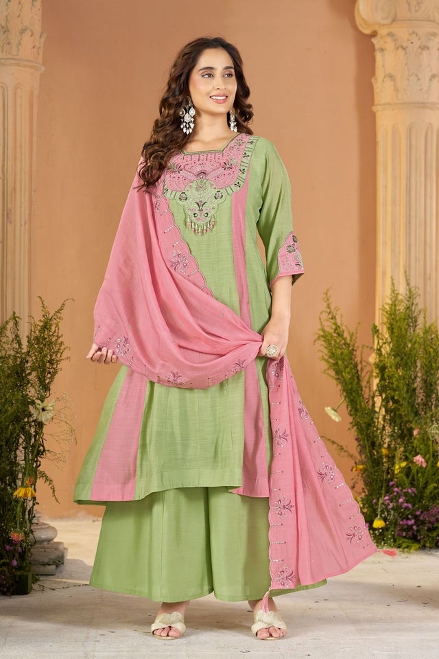 Green Embroidered Chanderi Palazzo Suit (ACB2536)