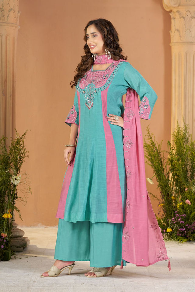 Blue Embroidered Chanderi Palazzo Suit (ACB2537)