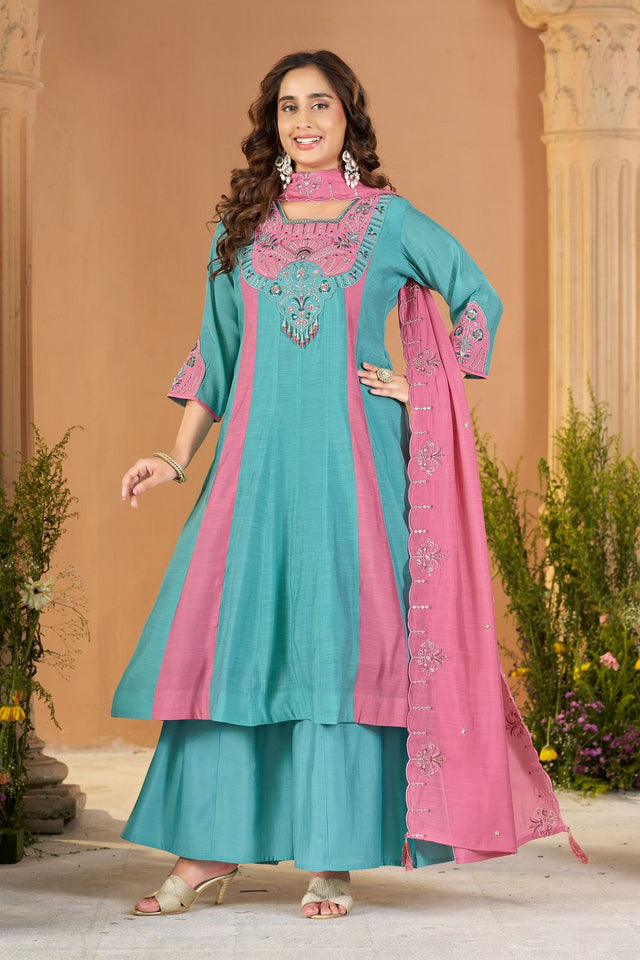 Blue Embroidered Chanderi Palazzo Suit (ACB2537)