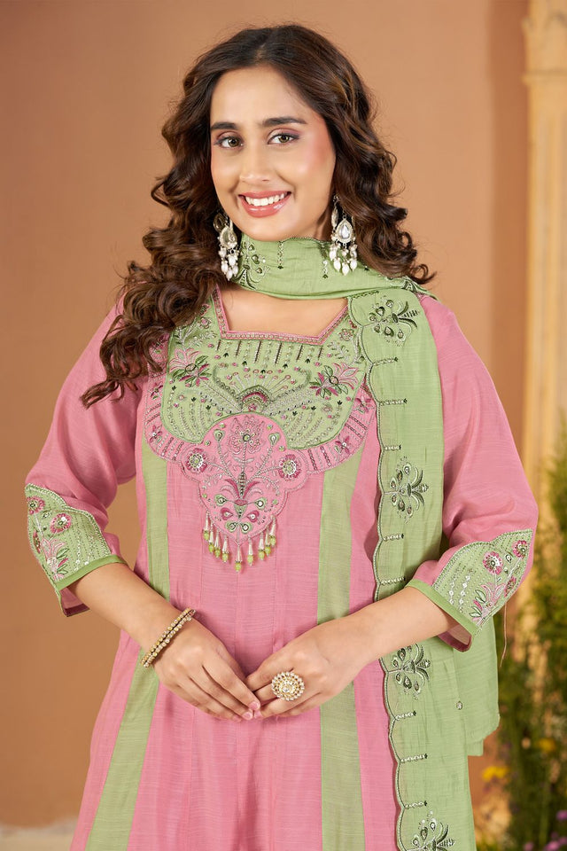 Pink Embroidered Chanderi Palazzo Suit (ACB2538)
