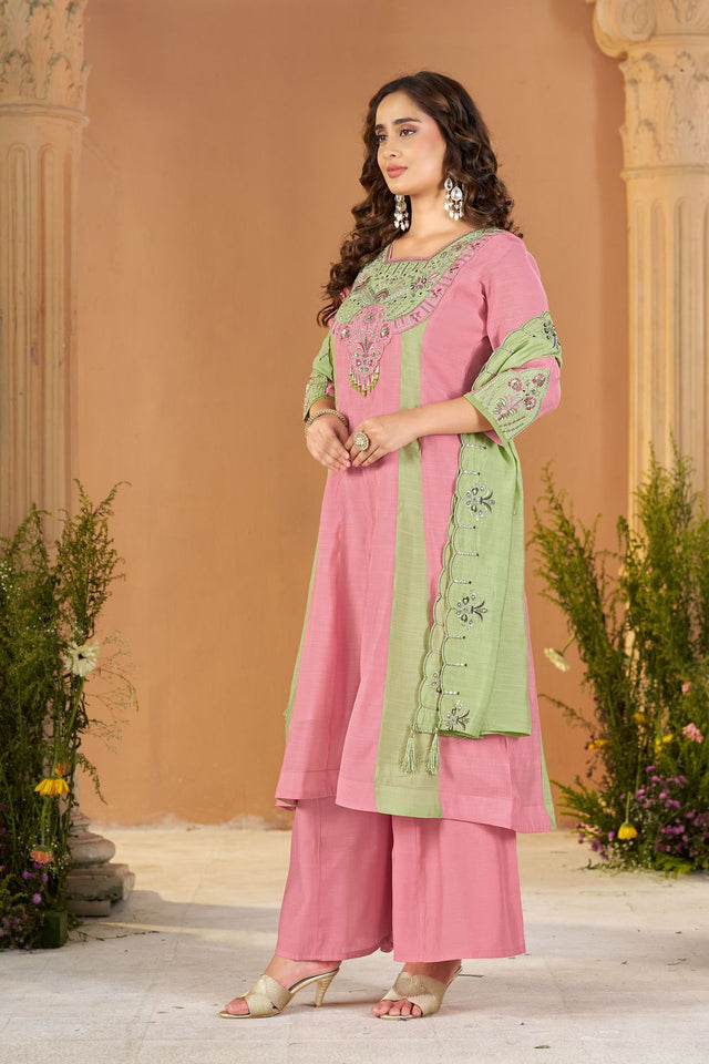 Pink Embroidered Chanderi Palazzo Suit (ACB2538)