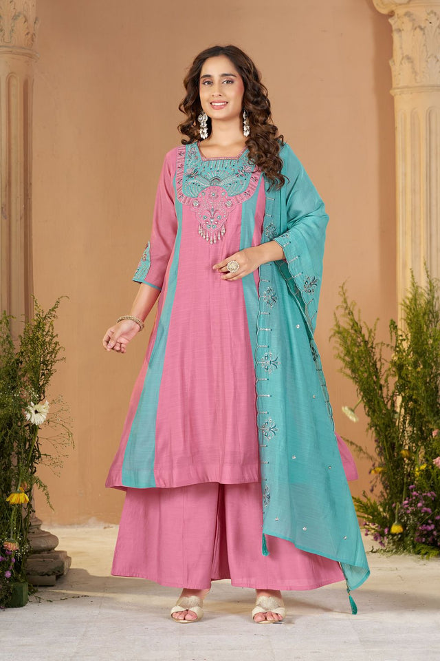 Pink Embroidered Chanderi Palazzo Suit (ACB2539)