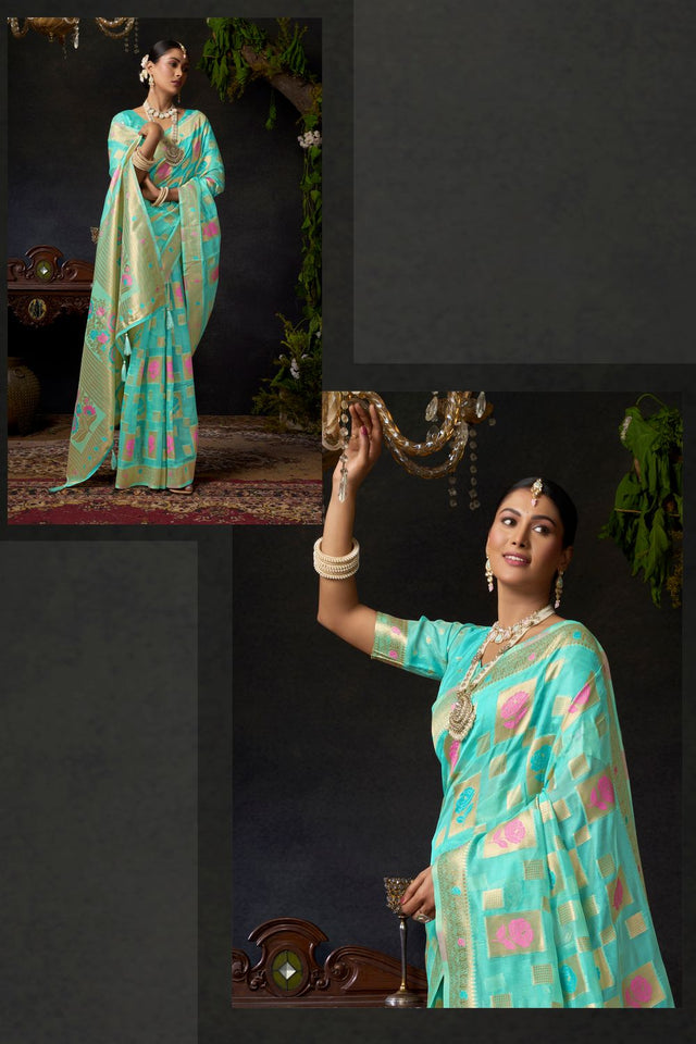 Turquoise Woven Organza Saree (ACB2540)