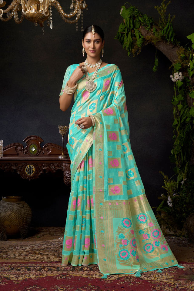 Turquoise Woven Organza Saree (ACB2540)