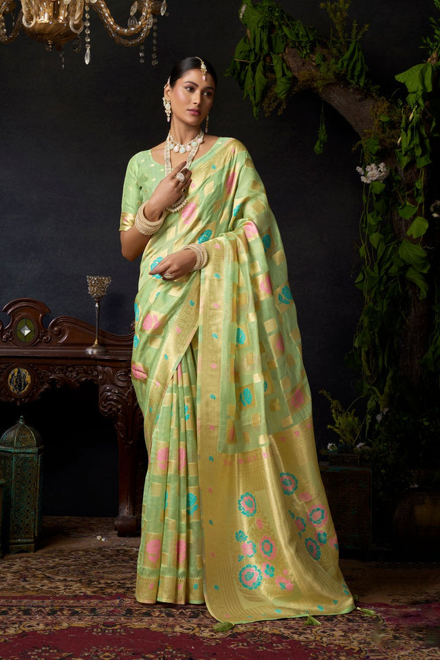 Green Woven Organza Saree (ACB2542)