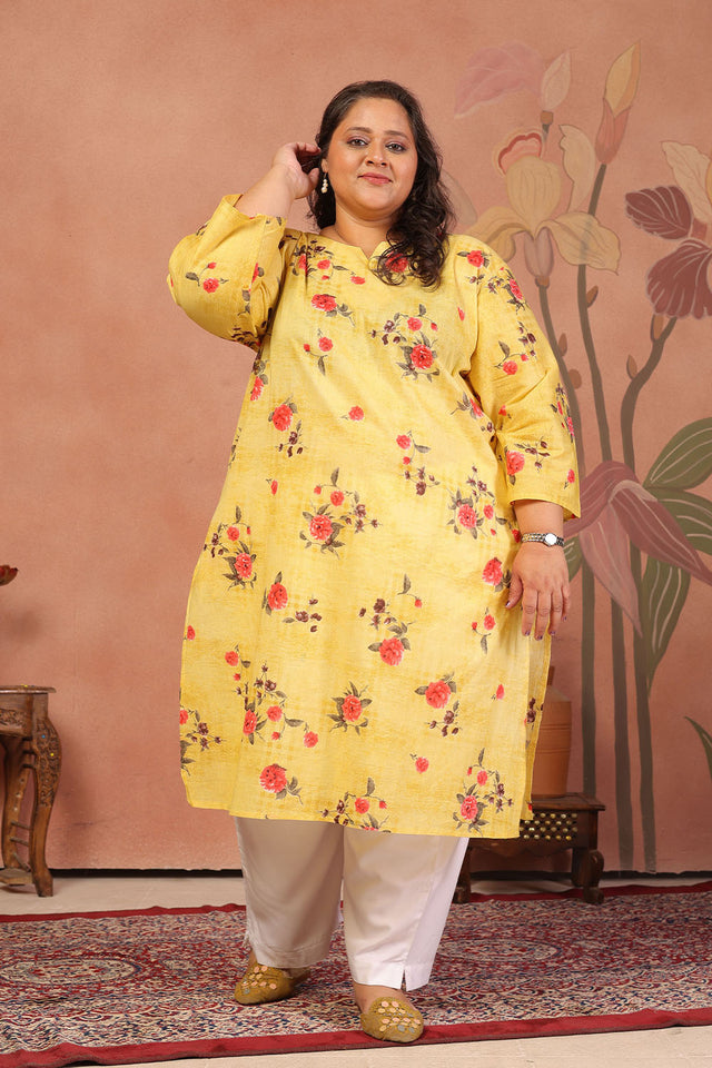 Yellow Floral Printed Cotton Long Kurti (ACB2565)
