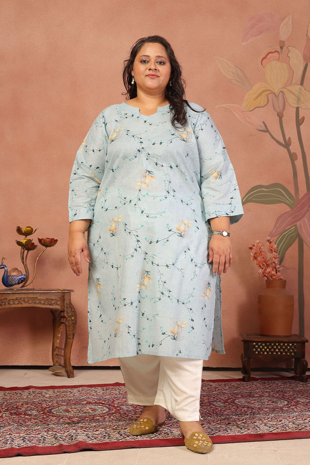 Blue Floral Printed Cotton Long Kurti (ACB2567)