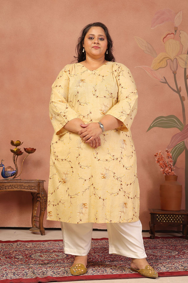 Yellow Floral Printed Cotton Long Kurti (ACB2568)