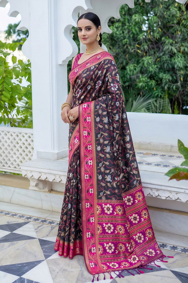Black Floral Woven Silk Saree (ACB2578)