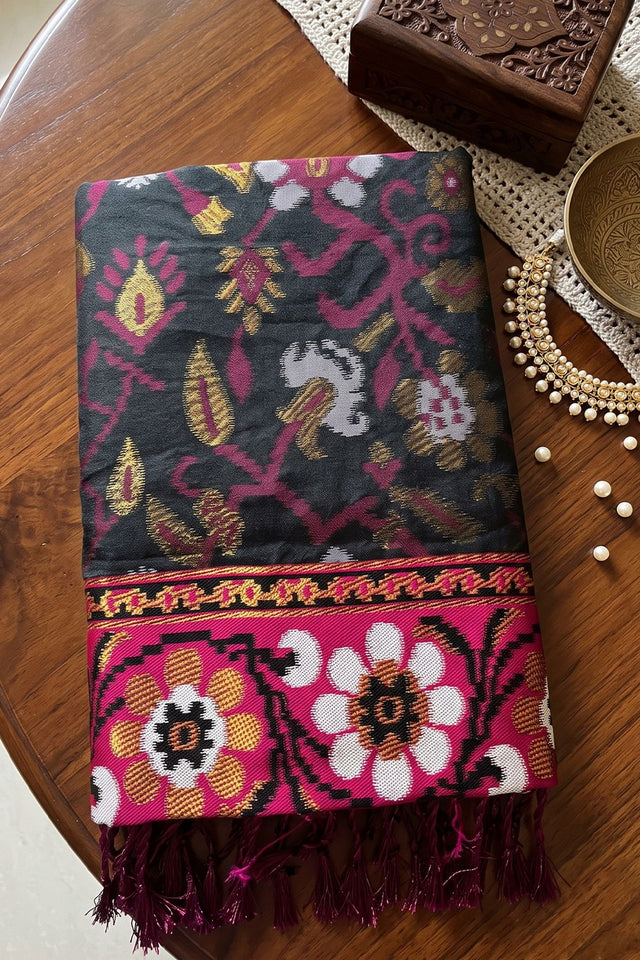 Black Floral Woven Silk Saree (ACB2578)